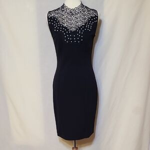 Kara Black Lace and Pearl Embellished Sheath Dress